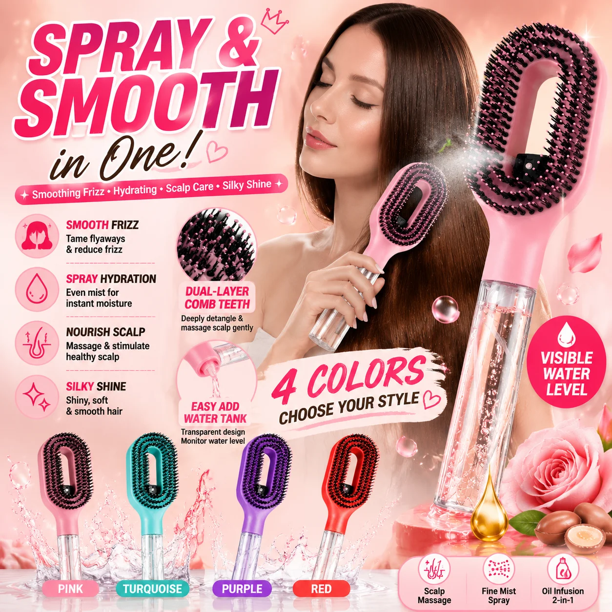 

Manual Spray Massage Hair Comb Essential Oil Atomizing Nano Mist Hydrating Scalp Massage Detangling Comb Hair Styling Tool