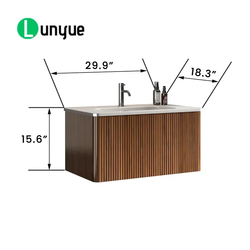 Custom Luxury Modern Melamine Wall Mounted Floating Bathroom Vanity with Ceramic Sink 30 Inch Striped White for Home Decor