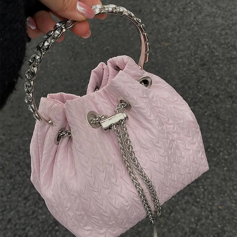 Korean Diamond Handle Handbag Simple Fashion Shoulder Pouch Drawstring Bucket Bag Sweet Chain Crossbody Bag