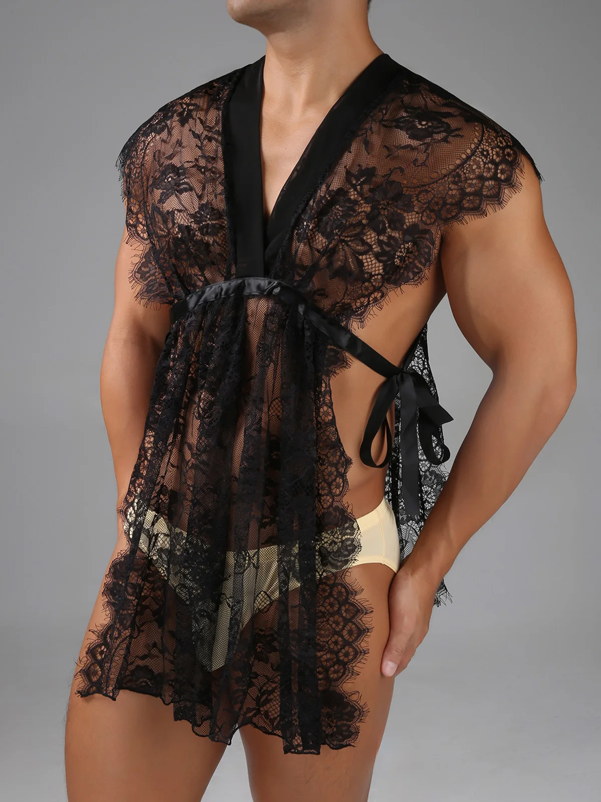 Lace Robe Leisure Men Nightwear Sissy Pajamas Sleepwear Babydoll See-Through Sexy Deep V-neck Bathrobe Nightgown Homewear