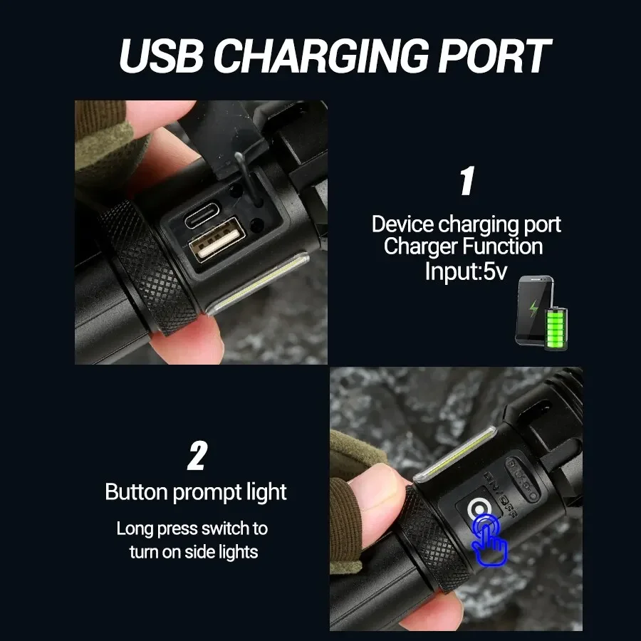 Super Bright XHP50 Powerful Led Flashlight Power Bank Torch Light USB Rechargeable Camping Tactical Flashlight with COB Lamp