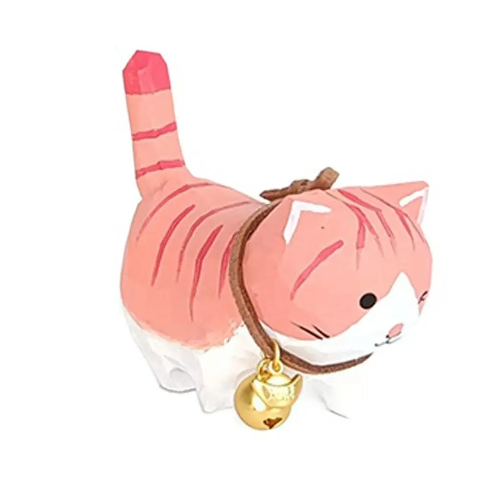 Bell Cat Wood Carving Cat Ornament Handmade Solid Wood Painted Cartoon Cat Sculpture Small Cute Hand Engraving Cat Decorations