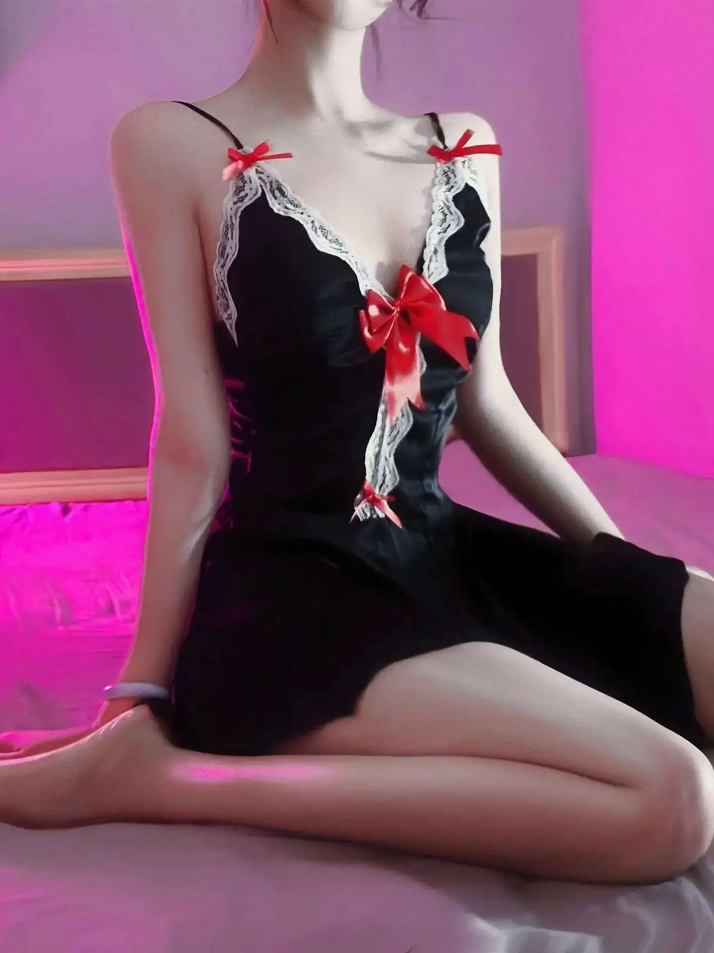 Erotic Pure Desire Satin Lace Bow Sexy Dress Elegant Backless Deep V Suspenders Sleeveless Dress Charming Elegant Beautiful IECP