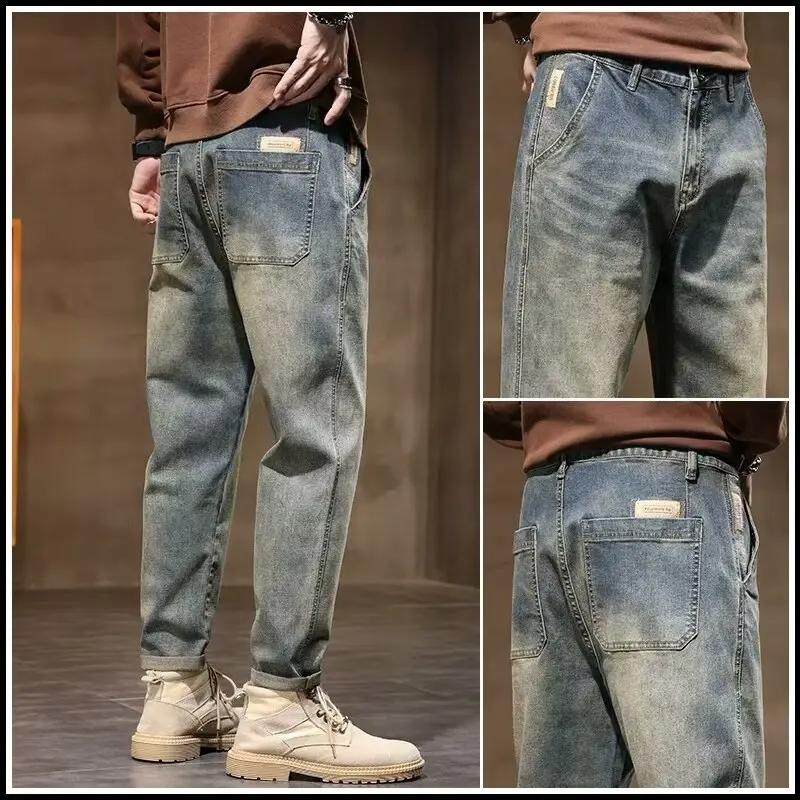 

UNITIM Spring Vintage Men Jeans Elastic Casual Long Pant Men Slim Straight Trouser Cotton Polyester Fiber Washed Jeans for Teens