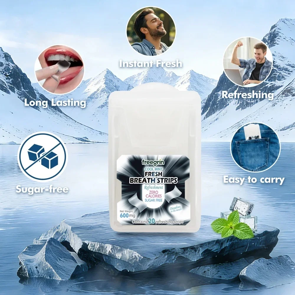 FREEGRIN Strong Mint Breath Strips Instant Dissolve Thin Oral Strips For Powerful Fresh Breath Portable Individually Wrapped INS