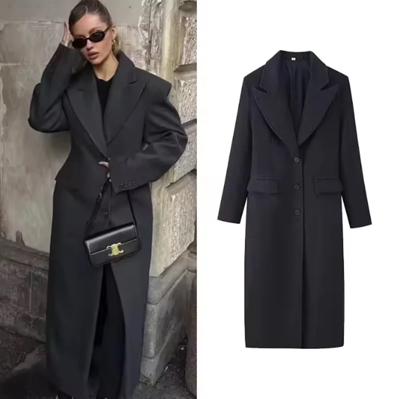 

Женское длинное пальто осеннее с отложным воротником, длинными рукавами, карманами и пуговицами, шикарное женское пальто