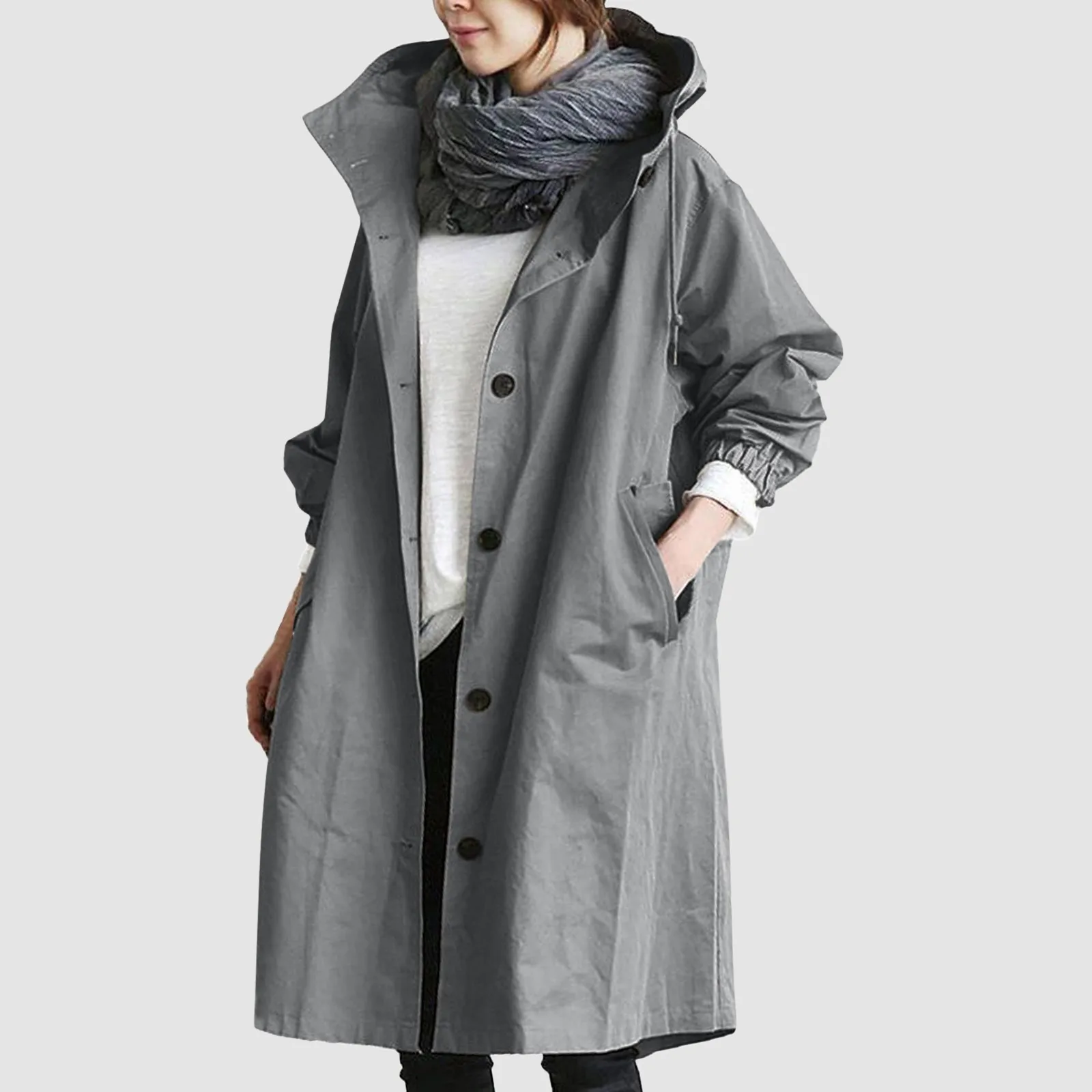 Trench lungo da donna alla moda da donna tinta unita elegante giacca a vento sciolto confortevole con cappuccio temperamento impermeabile da donna