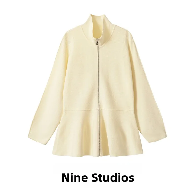 NINE ZAR Women's Knitted Short Skirt Coat with Stand Collar And Zipper Nine Points Long Sleeve Outerwear for Ladies