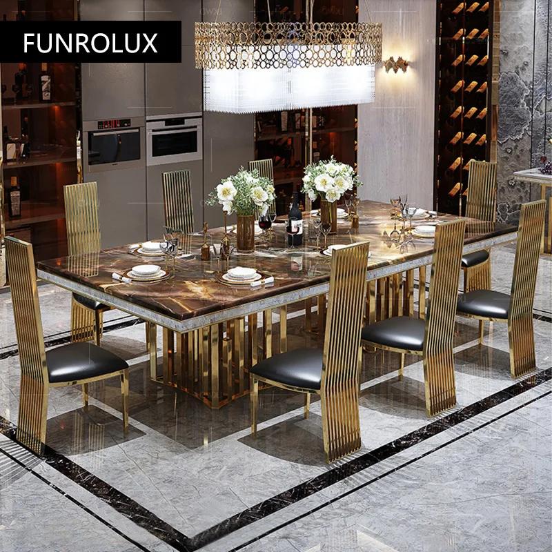 Modern Marble Dining Tables Modern Rectangular Gold Stainless Steel Large Apartment Dining Table