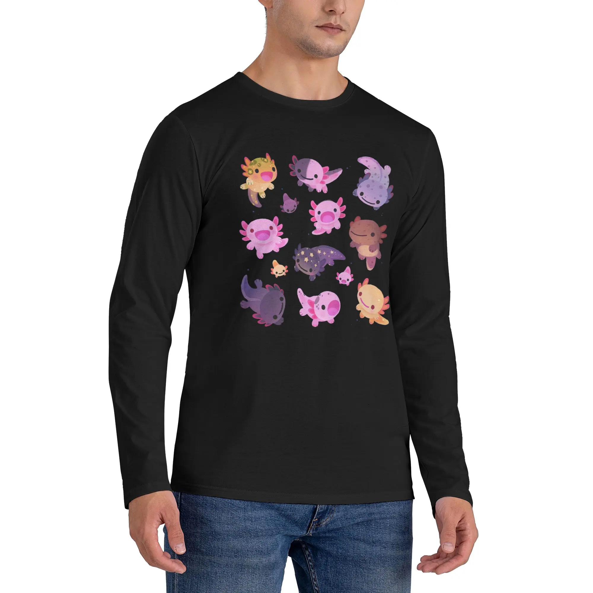 

Happy axolotl Men's Long Sleeved T-shirt Fashion Round Neck T shirts Spring and Autumn Men tops