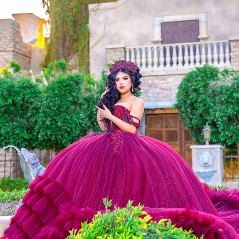 

Customized Shiny Rose Red Quinceanera Dresses Off the Shoulder Tull crystal layering applique Lace Vestido De 15 Quinceanera