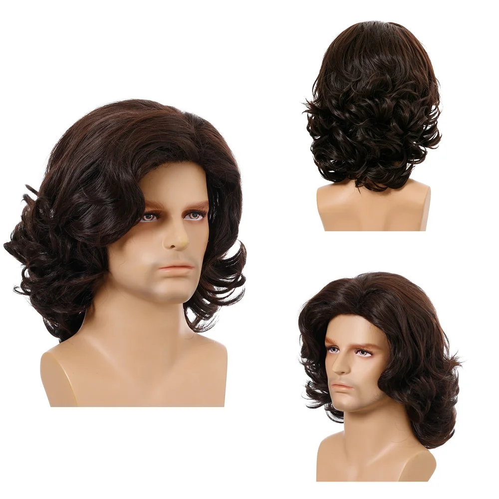 Men's Wig 34cm Dark Brown Shoulder Length Curly Natural Looking Heat Resistant Synthetic Full Head Wig For Daily Party Cosplay