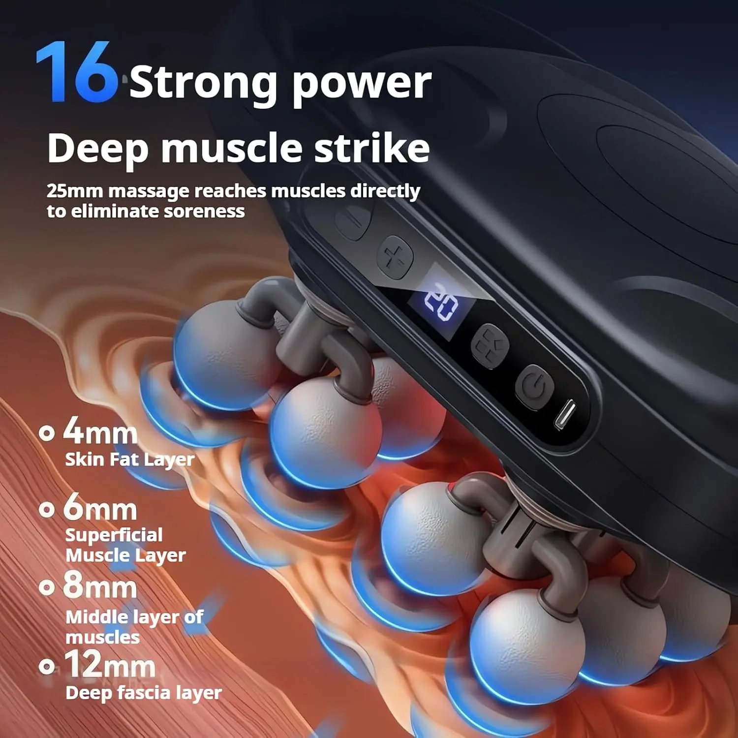 Best-selling 16-head deep tissue massage gun with 9 modes and 20 speeds for full-body muscle recovery and fascia relief