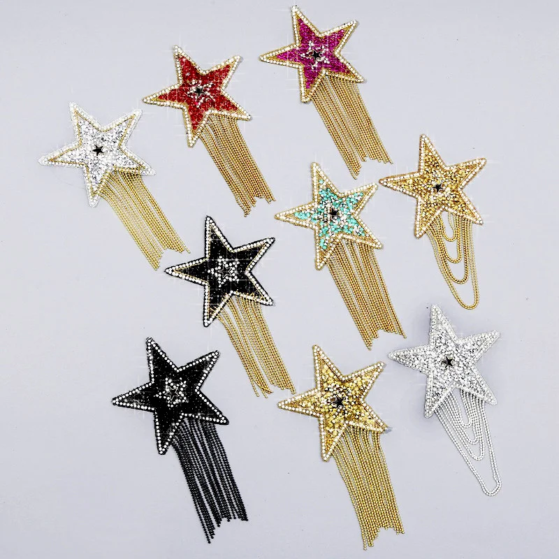 Luxury Crystal Rhinestone Five-pointed Star Tassel Patches for Clothing Iron on Clothes Appliques Iron-on Pentagram Stickers DIY