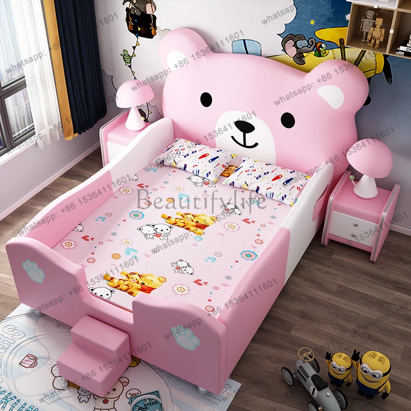 X4  Creative Cartoon Bear Children's Bed Modern Simple Princess Bed Solid Wood 1.5m Single Bed With Guardrail Cama Furniture Ho
