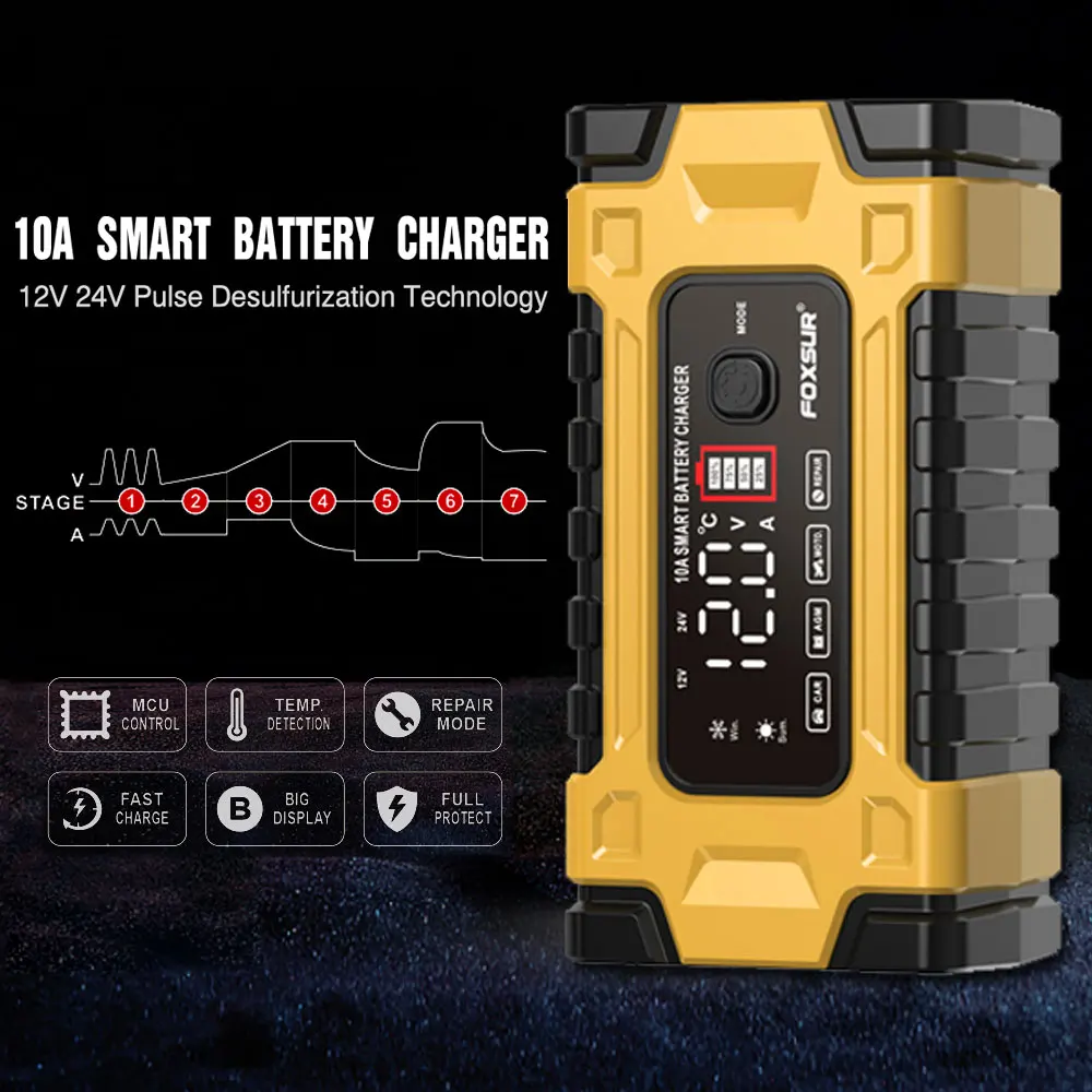 Ładowarka akumulator samochodowy FOXSUR 12V 10A 7-stopniowa ładowarka samochodowa szybkie ładowanie 6-180Ah ładowarki do naprawy cyfrowego