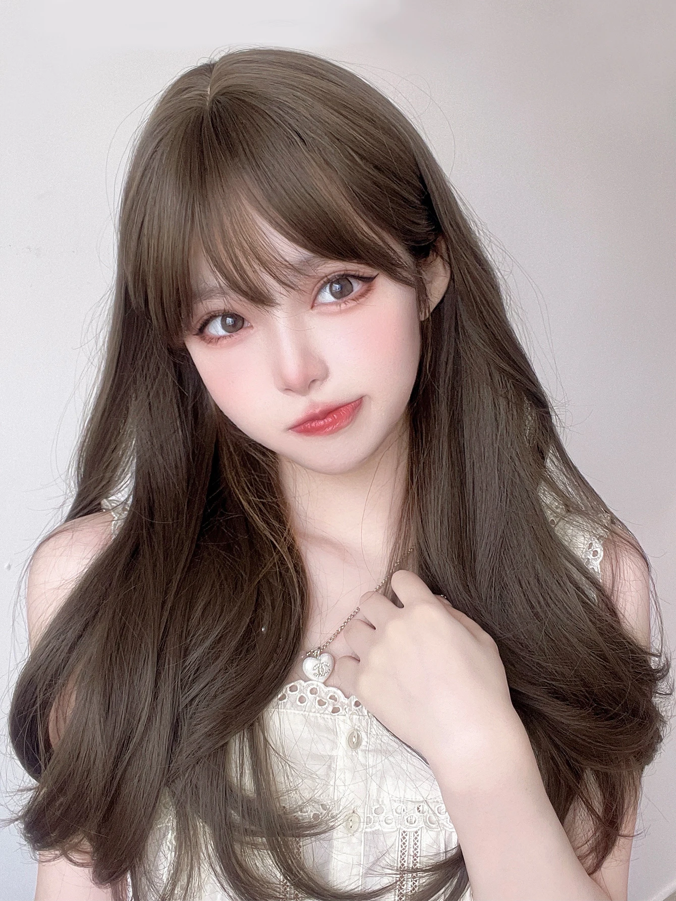 24Inch Lolita Cool Brown Synthetic Wigs with Bangs Long Natural Straight Hair Wig for Women Daily Use Drag Queen Heat Resistant