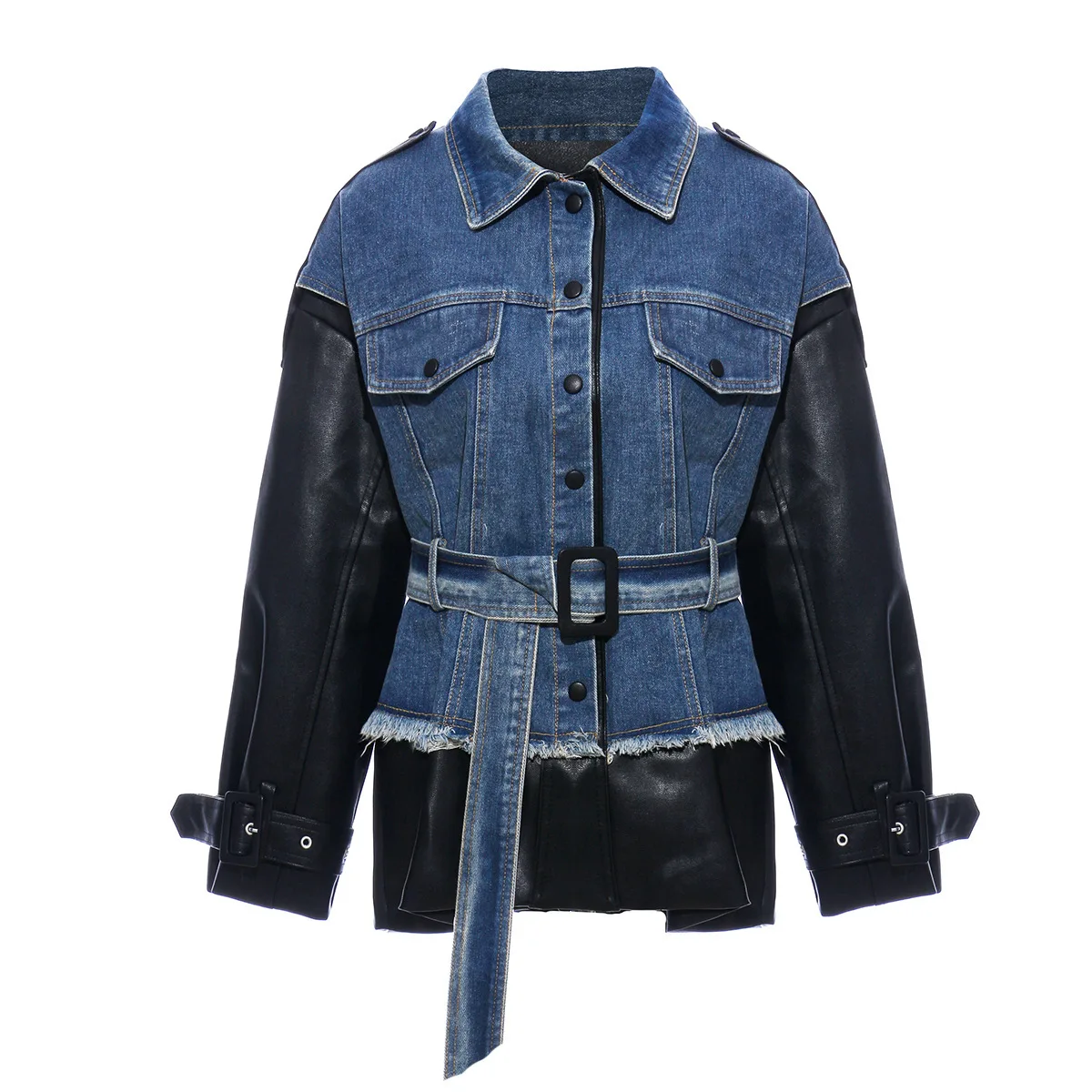 

2024 Autumn Women Leather Jacket Tops Jeans Spliced Jacket Lapel Single Breasted Coats Belted Jackets Pocket Fashion Outerwears