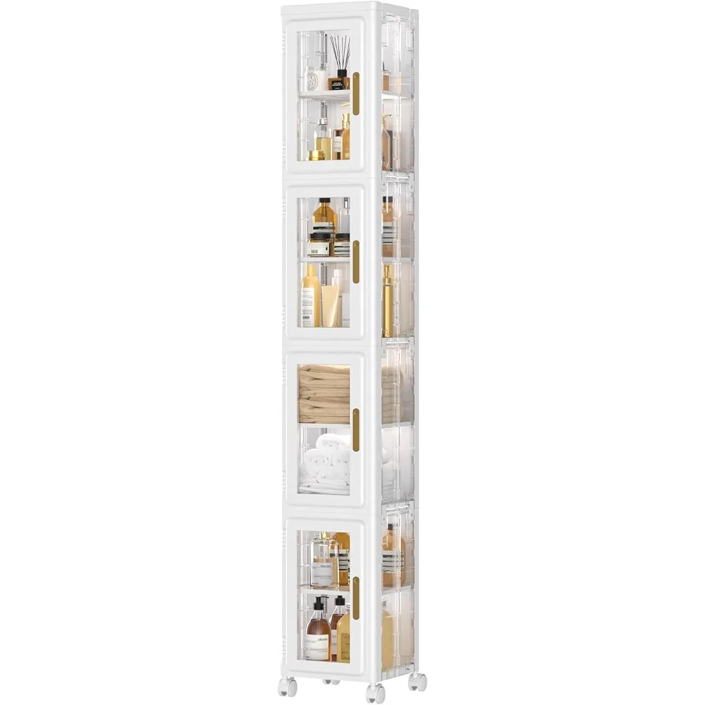 4 Tier Tall Plastic Slim Storage Cabinet with Lockable Wheels, Adjustable Shelves,Anti-Tip for Bathroom,Living Room,Laundry Room