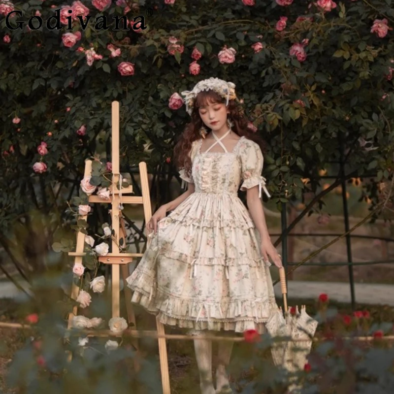 

Elegant Lolita Cotton Spring Summer Square Neck Bow Floral Short Sleeve Dress Sweet Girls High Waist A-line Ruffles Cake Dresses