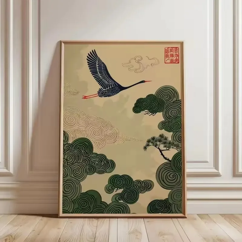 apanese Ukiyo-e Vintage Canvas Wall Art Set Fox Crane & Fruit Floral Print Retro Asian Aesthetic Poster for Room Home Decoration