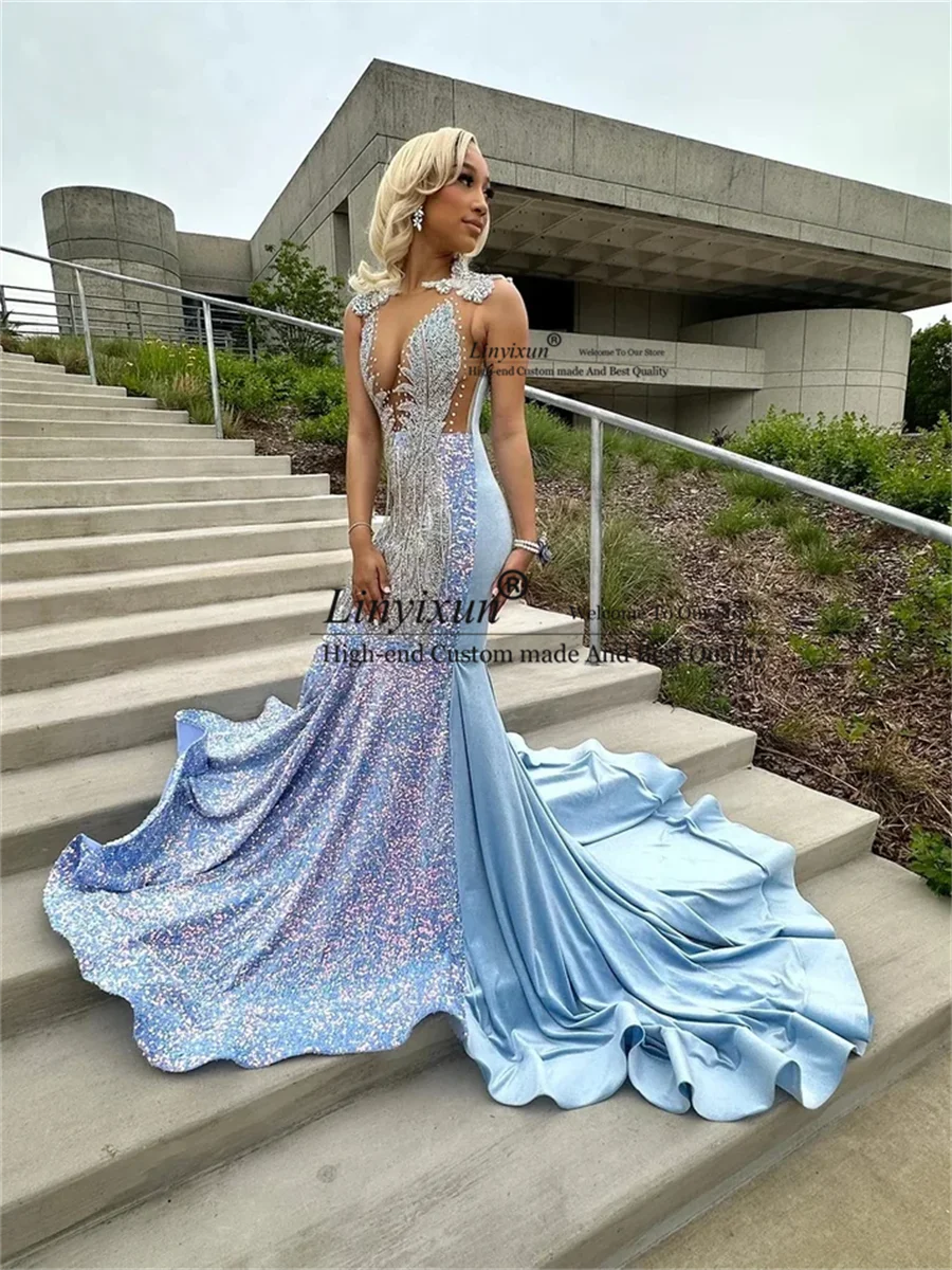 Shinny เลื่อมประดับด้วยลูกปัด Mermaid Prom Dresses ที่กําหนดเองหรูหรา Sliver คริสตัลอย่างเป็นทางการวันเกิด Party Gowns สําหรับสาวสีดํา