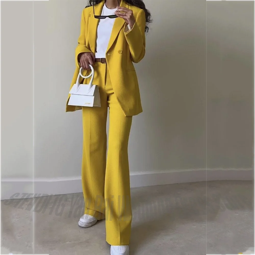

Stylish Yellow Women's Pant Suits Two Pieces Casual Chic Notched Lapel High Street Social Club Party Daily Set Jacket Pants