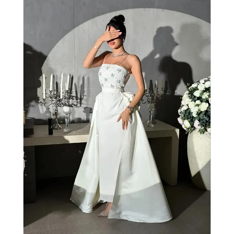 Indie Elegant Ivory Prom Dress Women Strapless Beaded Party Evening Gowns Ankle Length customized Mermaid Formal Occasion Gown