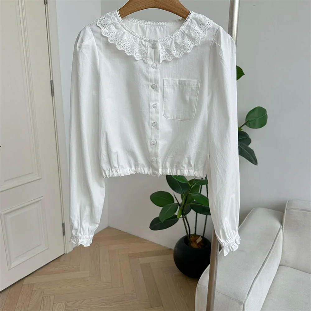 

Elegant Slim Cropped White Shirt Women Sweet Long Sleeve Lace Patchwork Blouse Vintage Preppy Style Peter Pan Collar Cute Tops