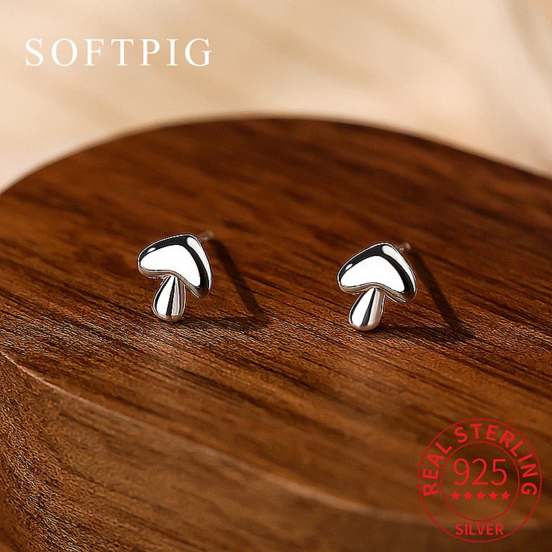 SOFTPIG Real 925 Sterling Silver Mini Mushroom Stud Earrings for Women Cute Fine Jewelry Minimalist Accessories