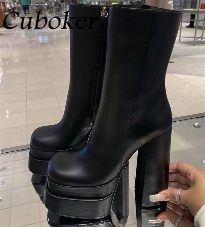 Brand Winter Women Motorcycle Boots High Quality Super High Heel Platform Thick Bottom Zip Boots For Women Black botas de mujer