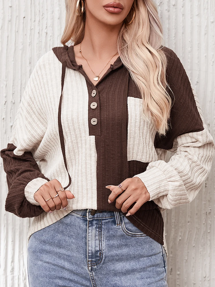 Gypsylady Elegant Patchwork Loose Hoodies Sweatshirt Khaki V-neck Long Sleeve Casual Women Ladies Streetwear Blouse Tops New