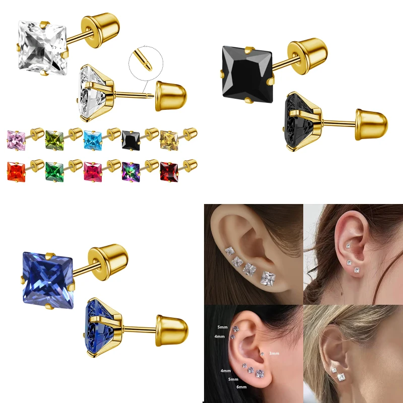 00098 Hochwertige vergoldete Edelstahl-Ohrringe mit quadratischen Zirkonen, schlichtes Design, Ohrknorpel-Steck-Accessoire – Detail 5