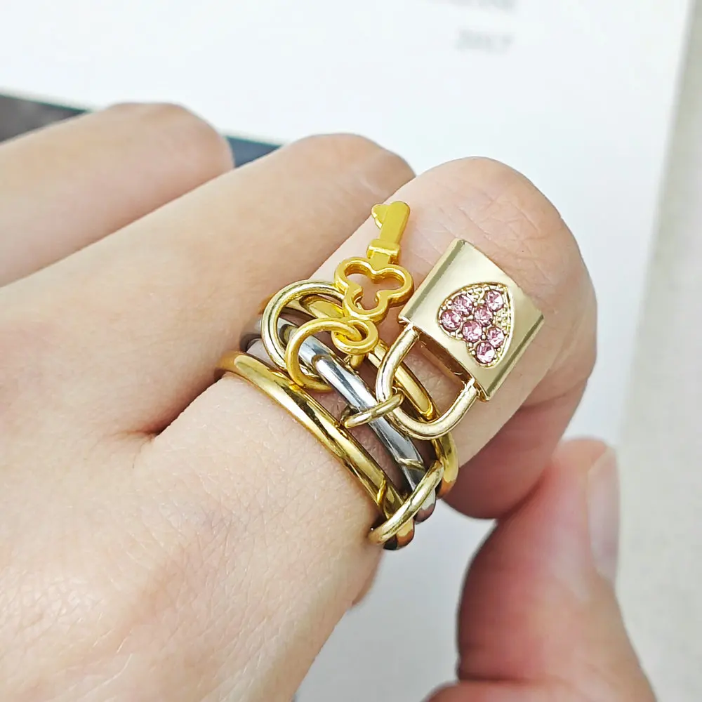 Edelstahl Spinelli Kilcollin Ring Schloss Schlüssel Charms INS Mode Stapelbare Ringe Set Gold Farbe Handgemachte Anhänger Schmuck Geschenk – Detail 3