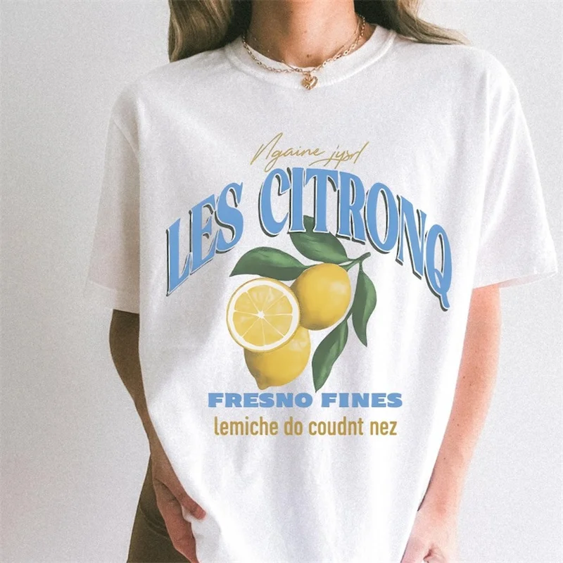 

Футболка с принтом в стиле лимонных фруктов, летняя одежда с короткими рукавами и уличным узором, повседневная летняя женская обычная футболка для отпуска