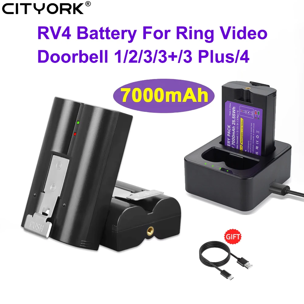 Batterie rechargeable RV4 7000mAh pour sonnette vidéo Ring 1/2/3/3+/3 Plus/4, 3.65V, remplacement de la batterie Li-ion rechargeable