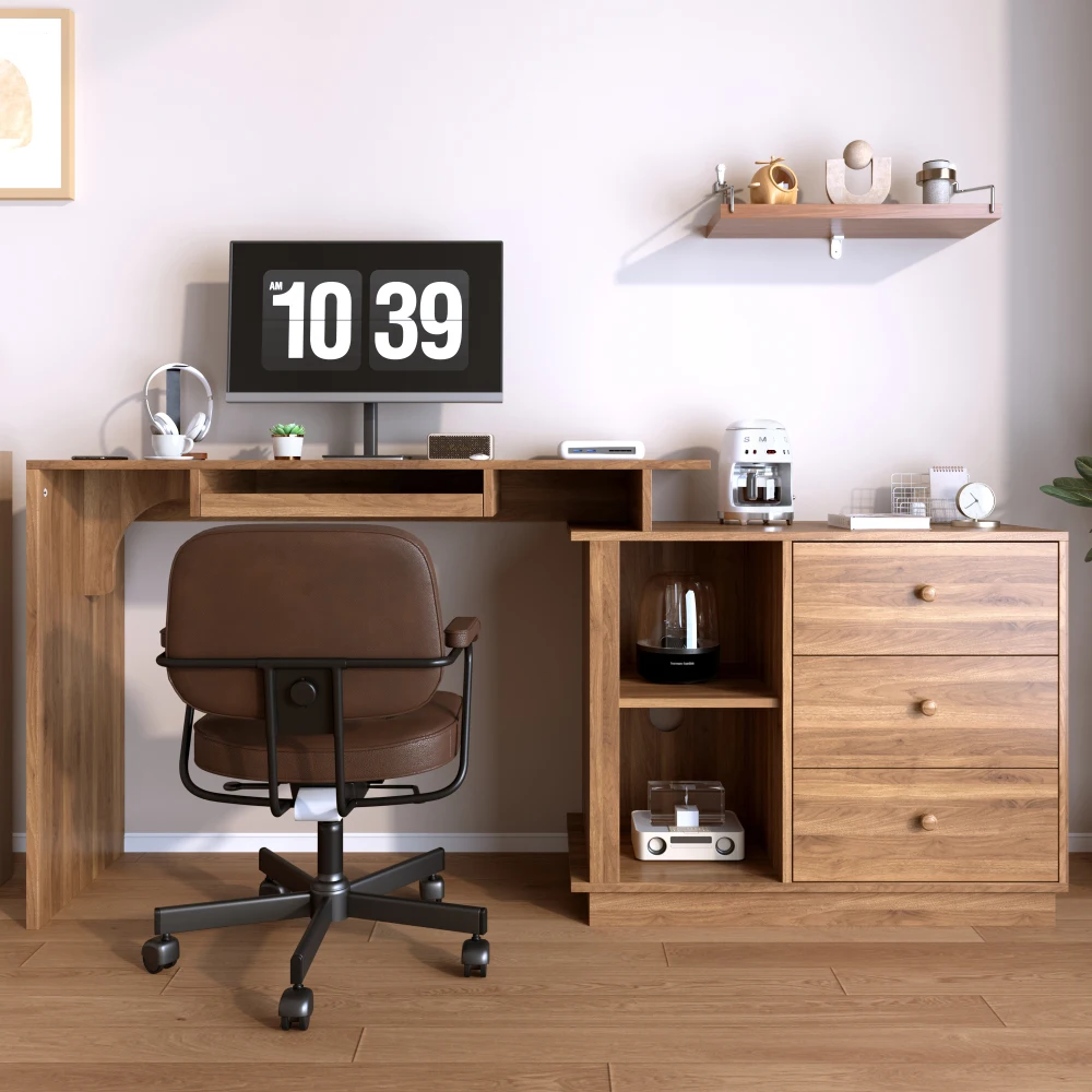 Poste de travail informatique moderne pour bureau à domicile avec bureau coulissant, tiroir pour clavier, étagères de rangement ouvertes, armoire à 3 tiroirs, table d'écriture multifonctionnelle, surface de travail spacieuse pour chambre et bureau