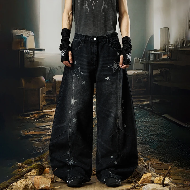 LUZHEN Original Five-pointed Star Printed Loose Wide Leg Denim Pants Men's New Stylish High Quality Street Straight Jeans JY9367