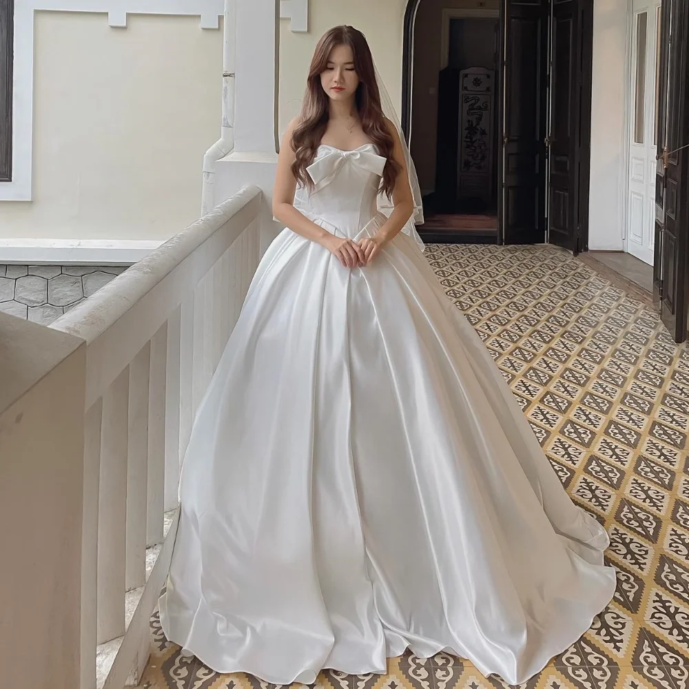 

Women's Satin Wedding Dresses Vestidos de festa Korea Style Elegant Bow Long Formal Strapless Bridal Gowns With Veil 2024 New