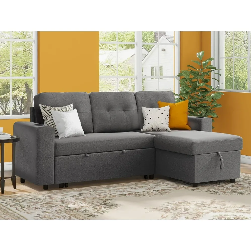 

L Shaped Sectional Sofa, 82 Inch Convertible Sleeper with Pullout Bed, Storage Chaise, Cupholders, 2 in 1 Pull Out Couch