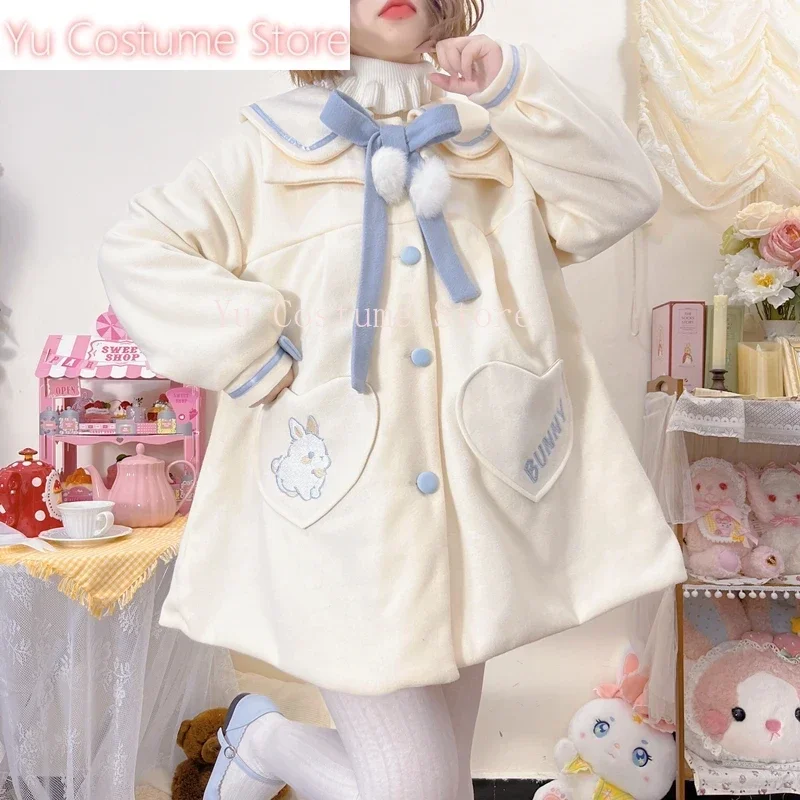 Plus Size Lolita Coats Sweet and Cute Doll Collar Cartoon Printed Wool Coat Lace-up Bow Girls Winter New Kawaii Women Jacket