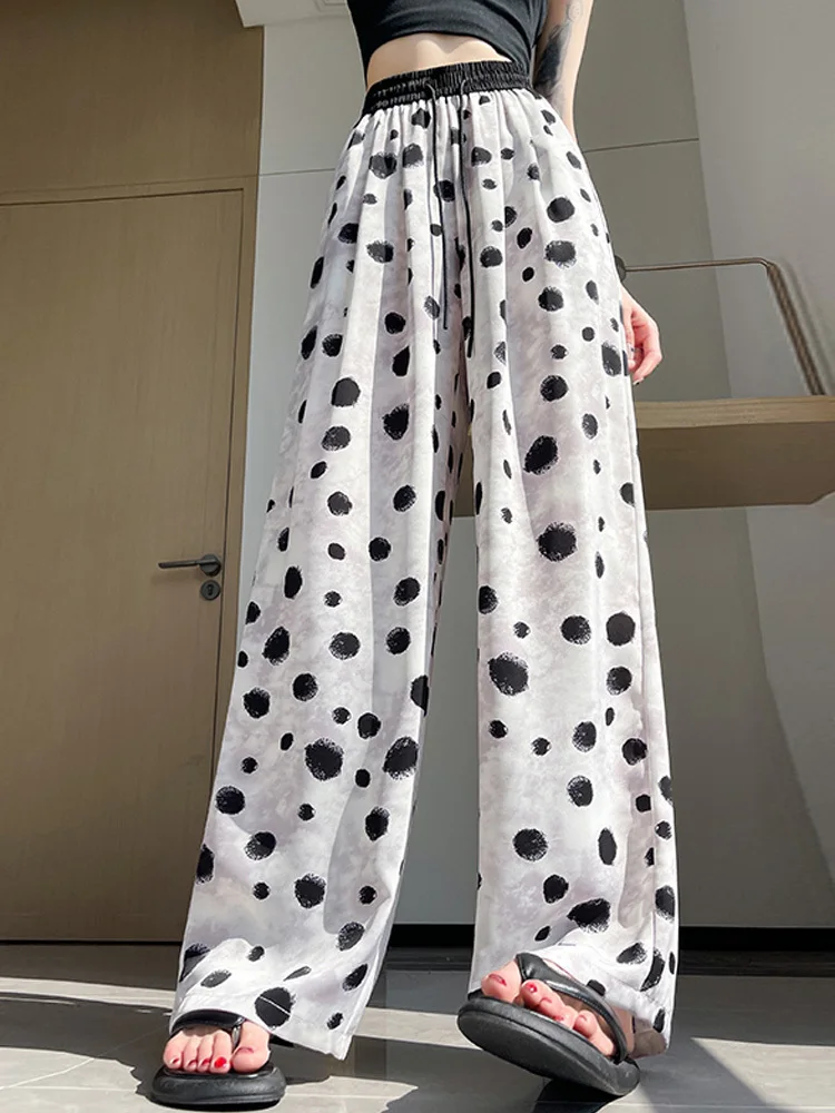 Sommer neue lose Hosen drucken elastische hohe Taille Patchwork Kordel zug Mode vielseitige gerade Hose mit weitem Bein
