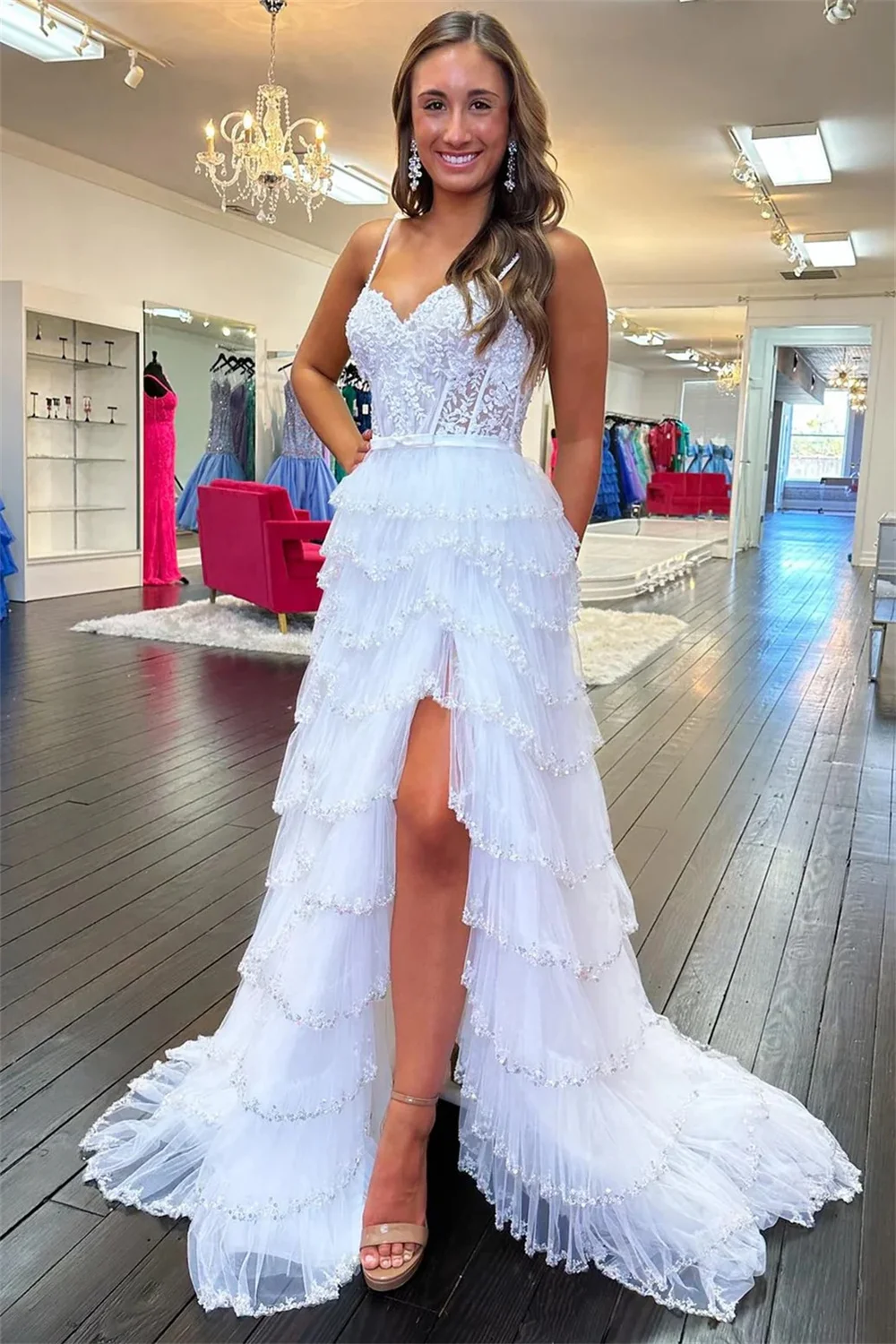 Jessica-Robe de Bal Blanche en Tulle Pailmétrage pour Femme, Tenue de Soirée Superposée, Élégante, pour Occasions Formelles, Cocktail