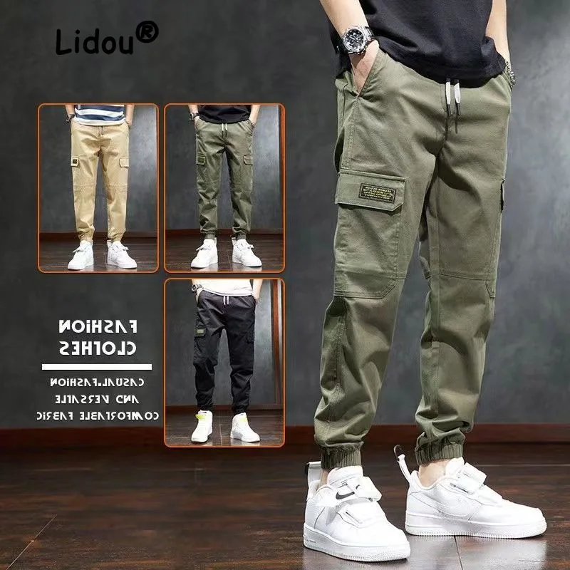 Spring Summer Solid Color Patch Men's Cargo Pants Classic Multiple Pockets Waist Drawstring Street Casual Male Trousers 2023