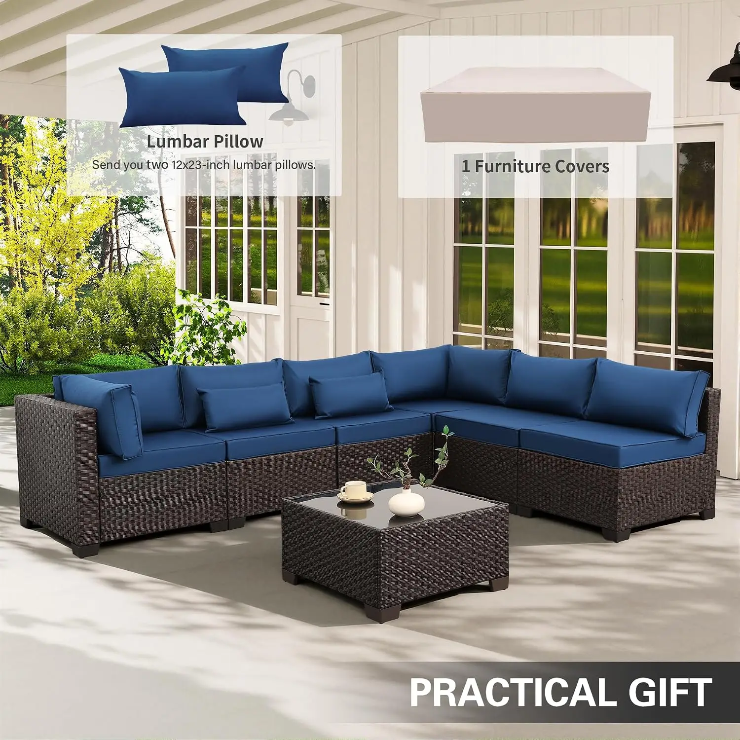 Outdoor Patio Wicker Sectional Sofa 7pc Brown Rattan Set With Coffee Table Anti-Slip Thick Blue Cushion, Customized