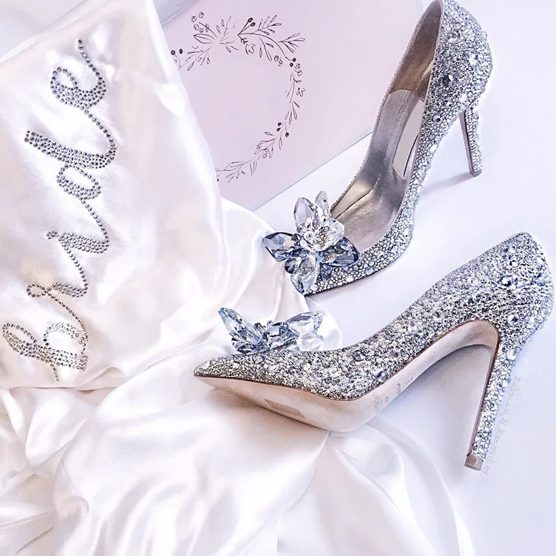 Luxury Brand Crystal Wedding Shoes for Women Pointed Toe Cinderella Heels Shoes Rhinestone High Heels Shoes Size 10 11