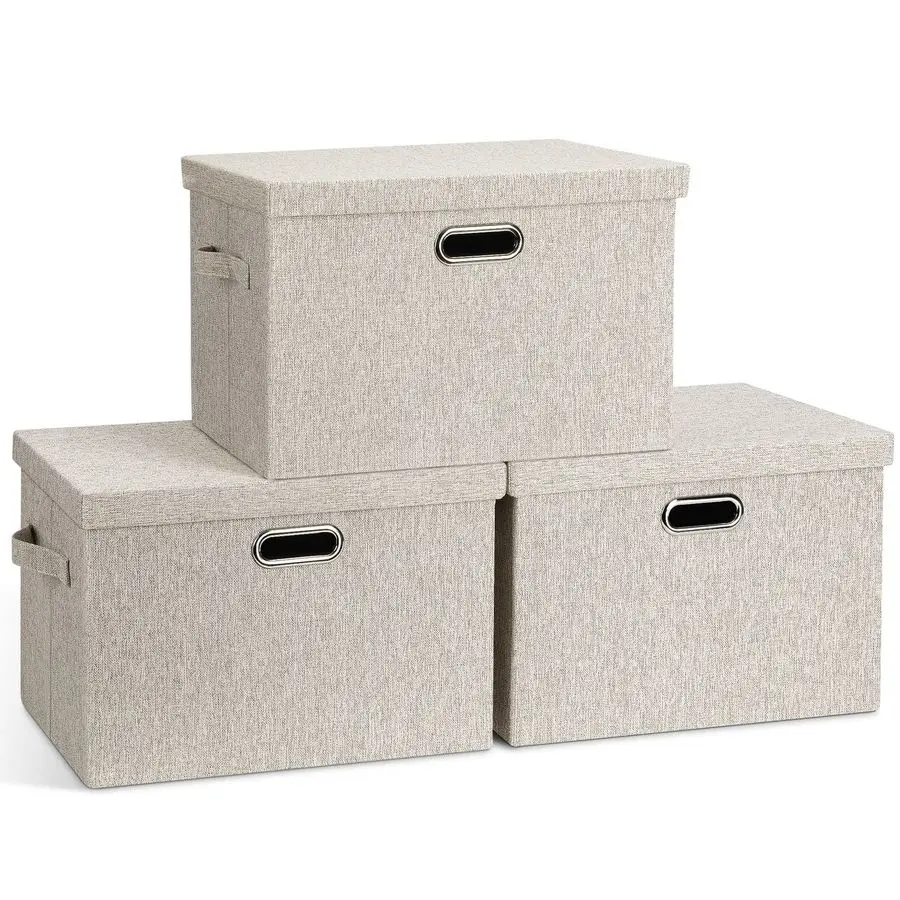 

Large Quart Collapsible Stackable Storage Bins with Lids, 3 Packs Beige Linen Fabric Closet Boxes with Lids, Storage Cube Basket