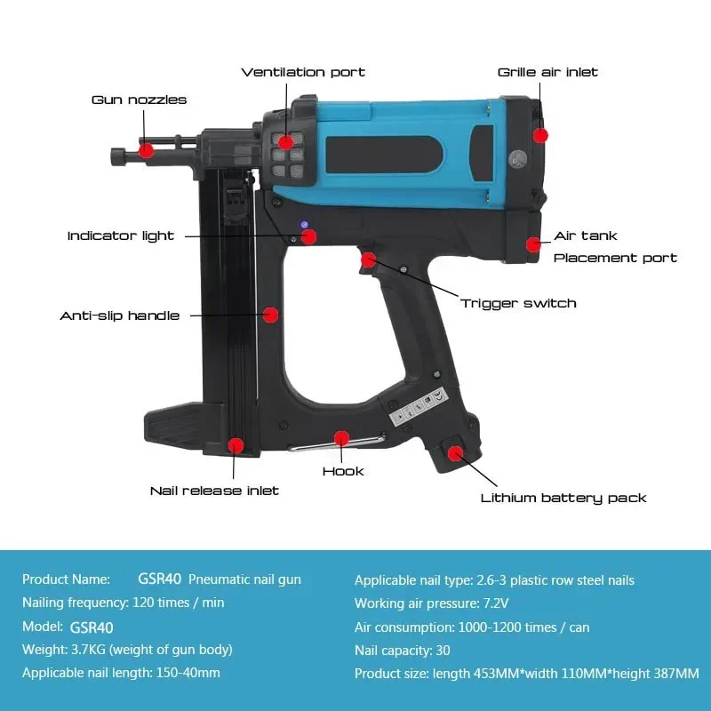 Pneumatic Nail gu 7. 2V Lithium Battery ga Nail gu Steel Air Stapler GSR40 Pneumatic Tools For Frame And Trunking 110-220V