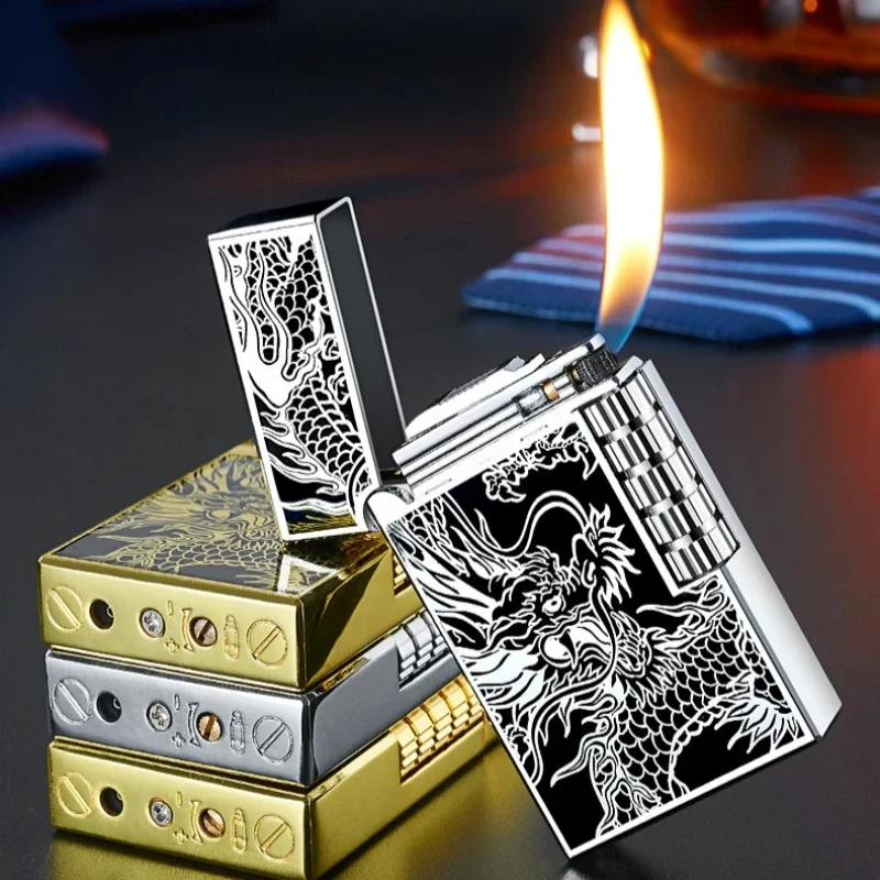 2024 Metal Steel Sound Chinese Dragon Oblique Fire Inflatable Lighter Side Pulley Igniting Butane Gas Pipe Lighters Smoking Gift