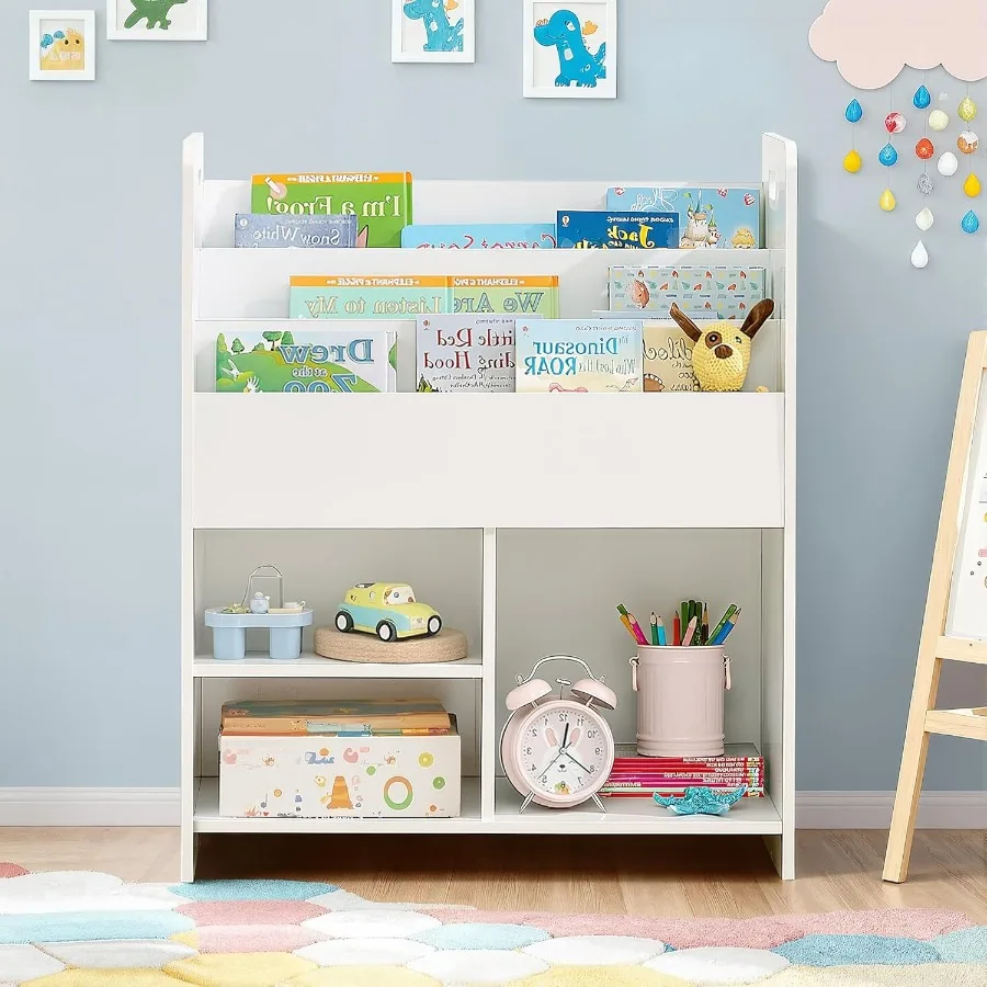 

VECELO Book Organizer - Wooden 's Bookshelf with 3-Tier Display and 2-Tier Storage Compartments Easy-to-Access Toddler Bookcase